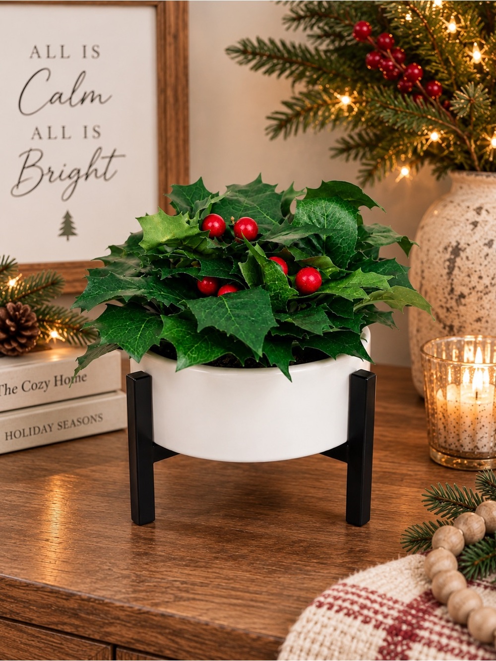 Threshold Faux Holly Berry Christmas Planter White Black Stand Decor